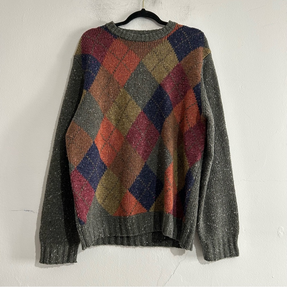 Jos A Bank Multicolor Argyle Lambswool Blend Knit Sweater Large Grandpa Art Deco